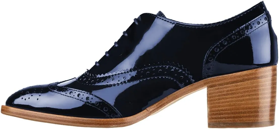 FOWT Women's Perforated Lace-Up Oxfords Almond Toe Mid Chunky Heel Brogues Casual Unisex Derby Saddle Shoes for Office Vacation Business US Size 4-16
