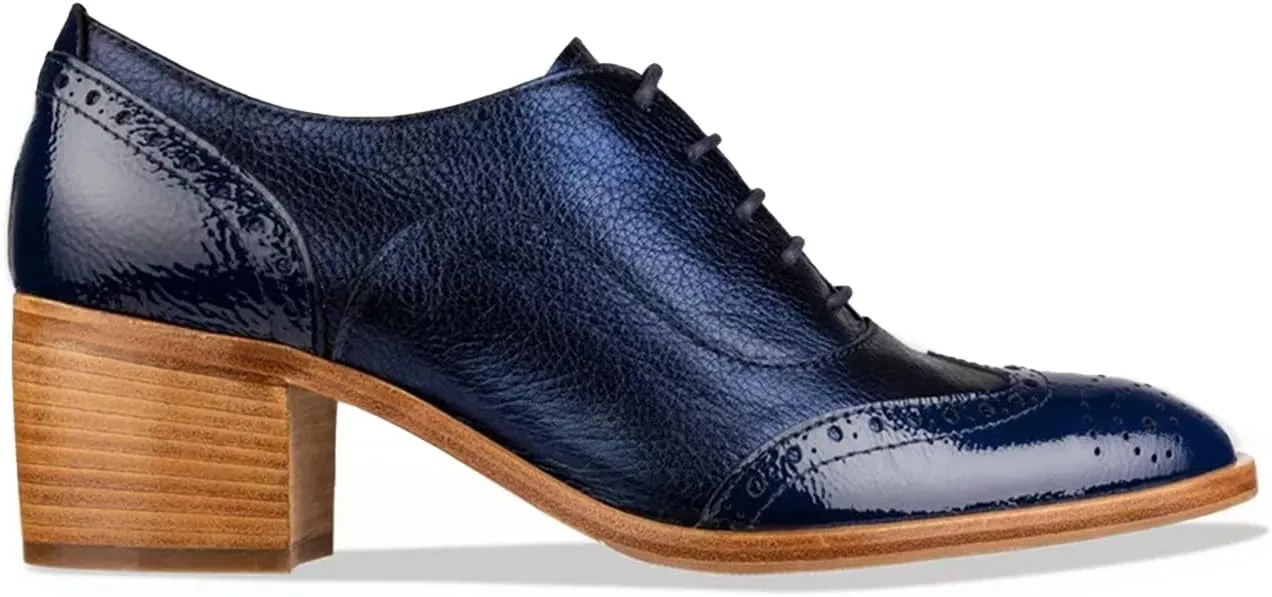 FOWT Women's Perforated Lace-Up Oxfords Almond Toe Mid Chunky Heel Brogues Casual Unisex Derby Saddle Shoes for Office Vacation Business US Size 4-16