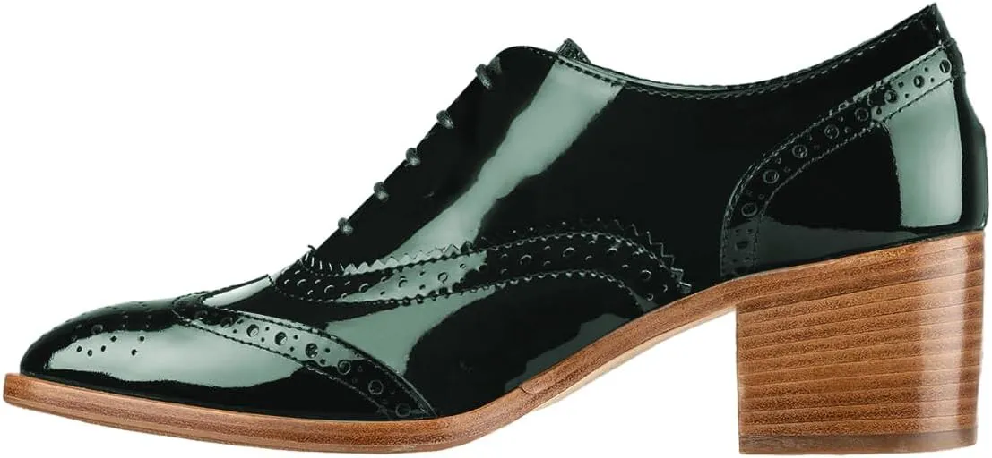 FOWT Women's Perforated Lace-Up Oxfords Almond Toe Mid Chunky Heel Brogues Casual Unisex Derby Saddle Shoes for Office Vacation Business US Size 4-16