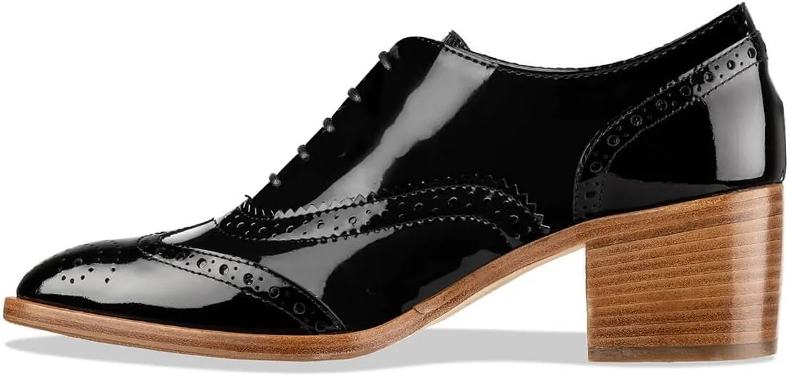 FOWT Women's Perforated Lace-Up Oxfords Almond Toe Mid Chunky Heel Brogues Casual Unisex Derby Saddle Shoes for Office Vacation Business US Size 4-16