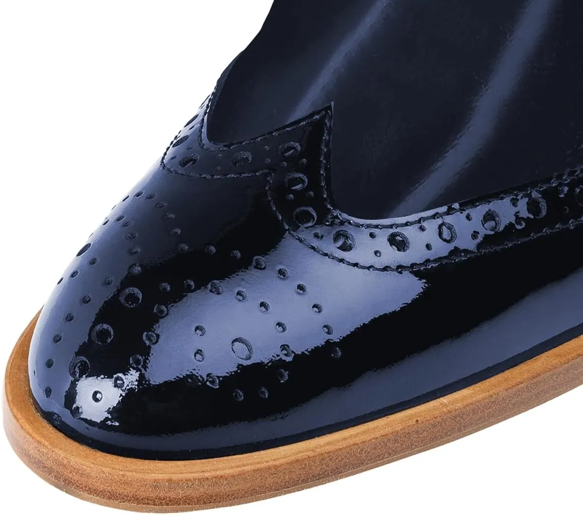 FOWT Women's Perforated Lace-Up Oxfords Almond Toe Mid Chunky Heel Brogues Casual Unisex Derby Saddle Shoes for Office Vacation Business US Size 4-16
