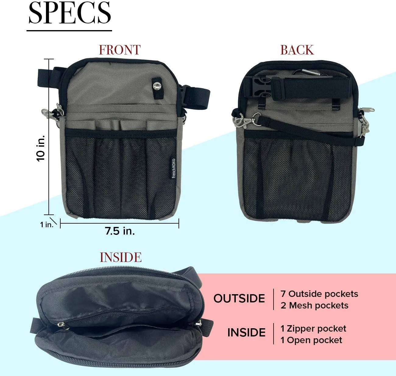 French KOKO Nursing Fanny Pack with Medical Gear Pockets, Tape Holder, and Utility Storage for Stethoscopes, Bandage Scissors, and Emergency Supplies, Student and Nurse Use (Grey)