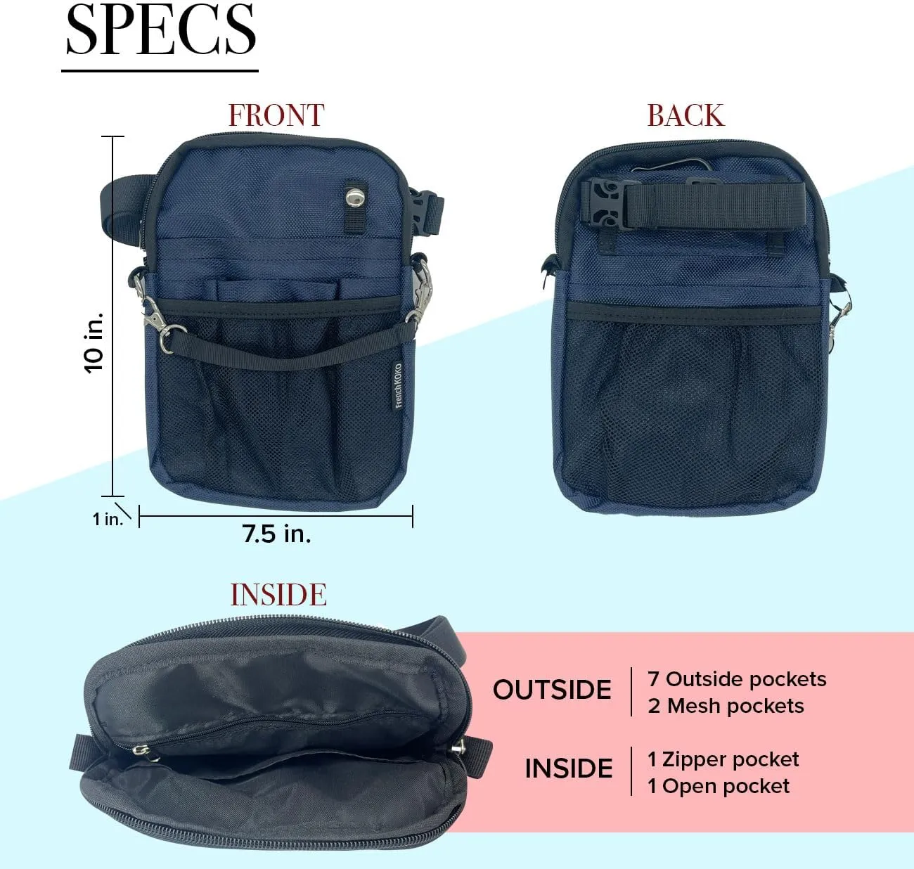 French KOKO Nursing Fanny Pack with Medical Gear Pockets, Tape Holder, and Utility Storage for Stethoscopes, Bandage Scissors, and Emergency Supplies, Student and Nurse Use (Navy)