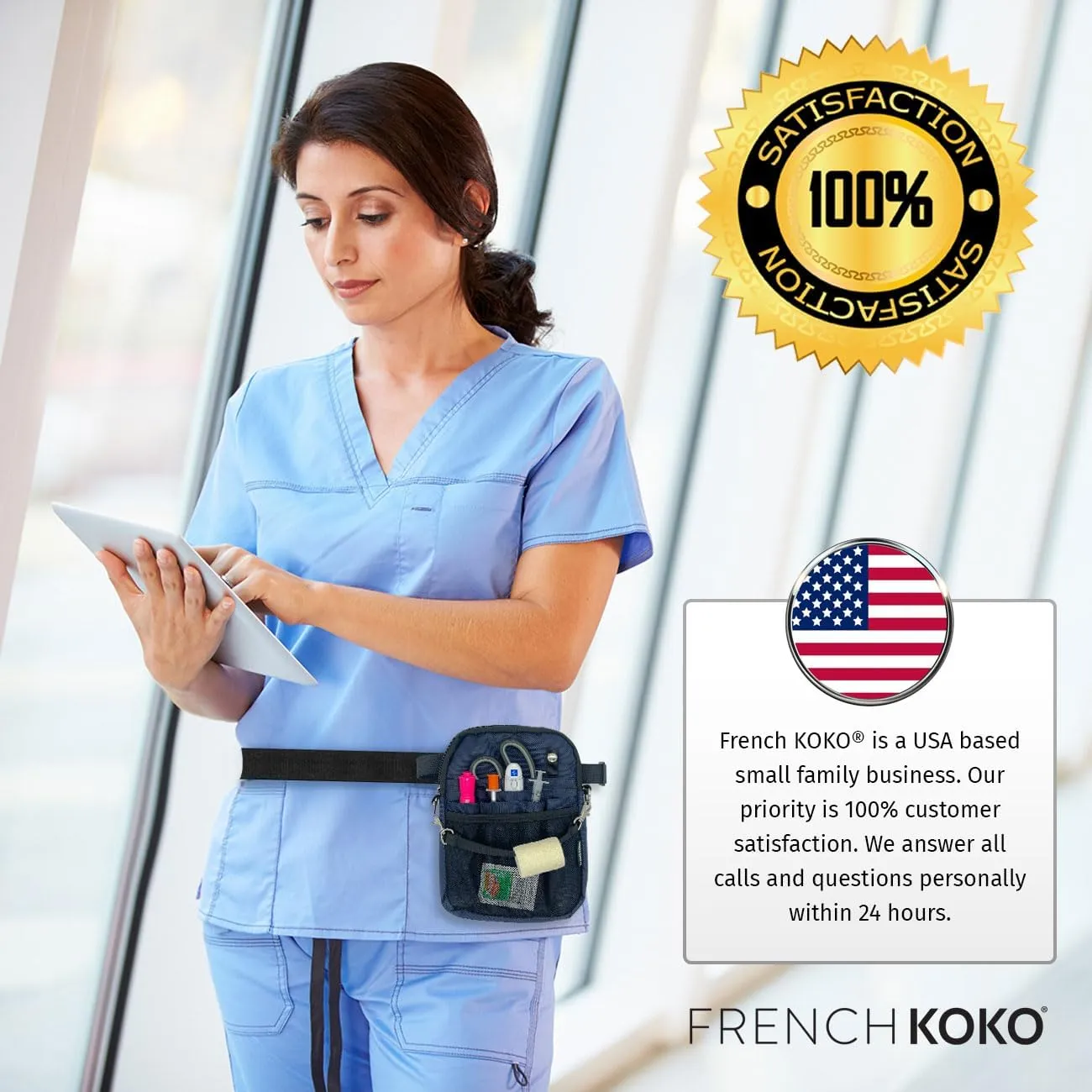 French KOKO Nursing Fanny Pack with Medical Gear Pockets, Tape Holder, and Utility Storage for Stethoscopes, Bandage Scissors, and Emergency Supplies, Student and Nurse Use (Navy)