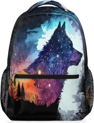 Galaxy Wolf Backpack for Girls Boys Kids Forest Wolf 16inch Laptop Backpacks Lightweight Waterproof School Bookbag Travel Daypack Computer College Bag Gym Rucksack for Work School Women Men
