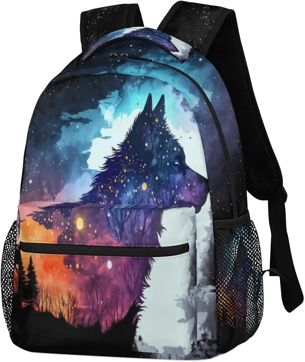 Galaxy Wolf Backpack for Girls Boys Kids Forest Wolf 16inch Laptop Backpacks Lightweight Waterproof School Bookbag Travel Daypack Computer College Bag Gym Rucksack for Work School Women Men