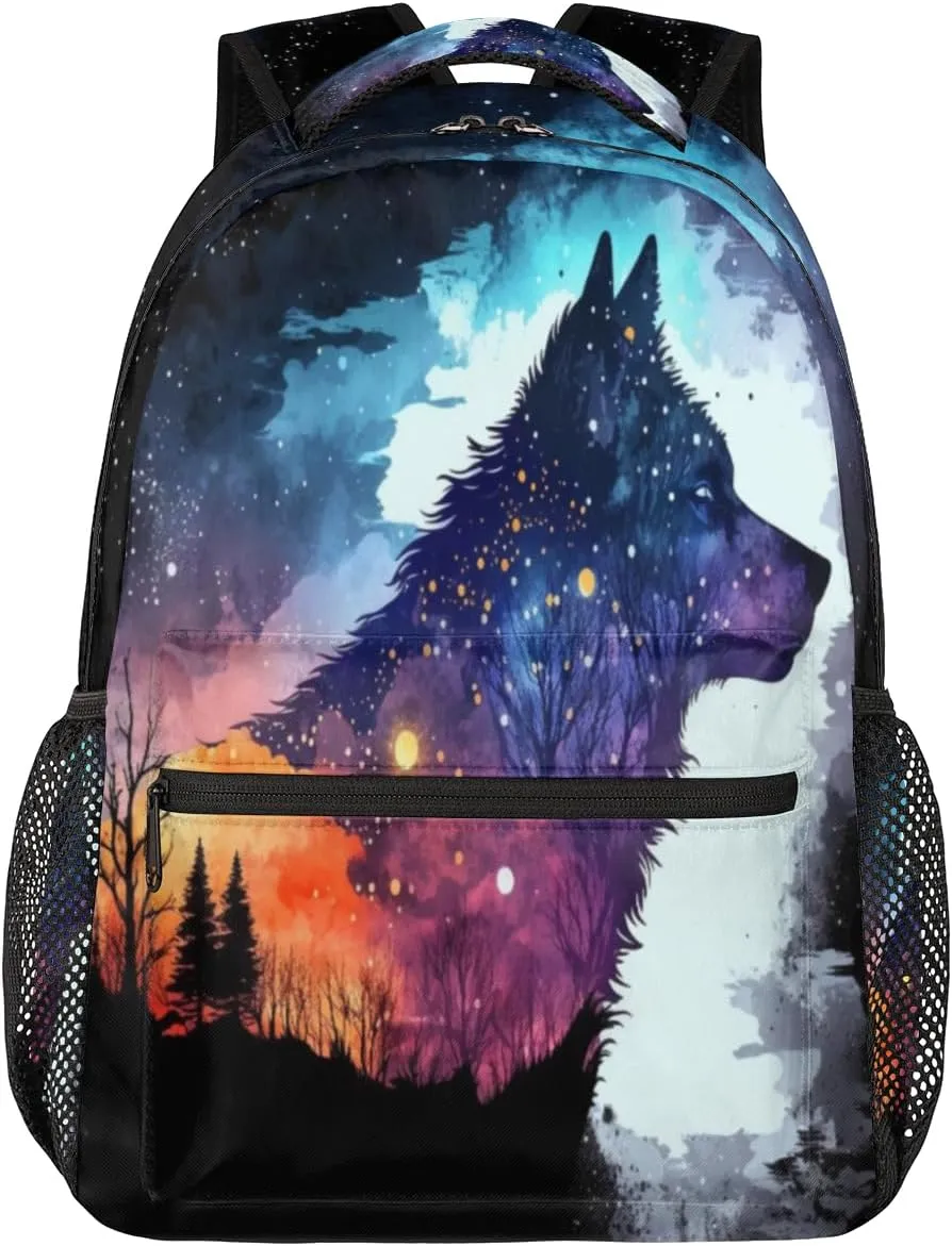 Galaxy Wolf Backpack for Girls Boys Kids Forest Wolf 16inch Laptop Backpacks Lightweight Waterproof School Bookbag Travel Daypack Computer College Bag Gym Rucksack for Work School Women Men
