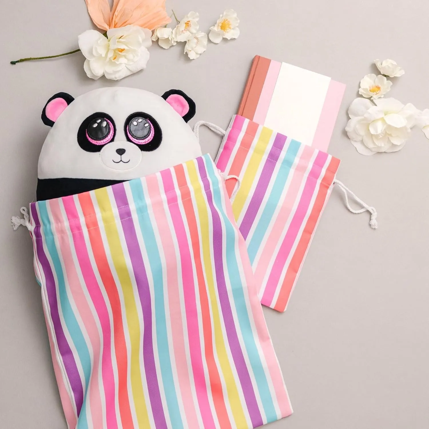 Gather & Knot Drawstring Gift Bags | 20" Large 12" Small | Premium Canvas | Reusable Fabric Wrap for Girls Birthdays, Baby Shower | Rainbow Stripe