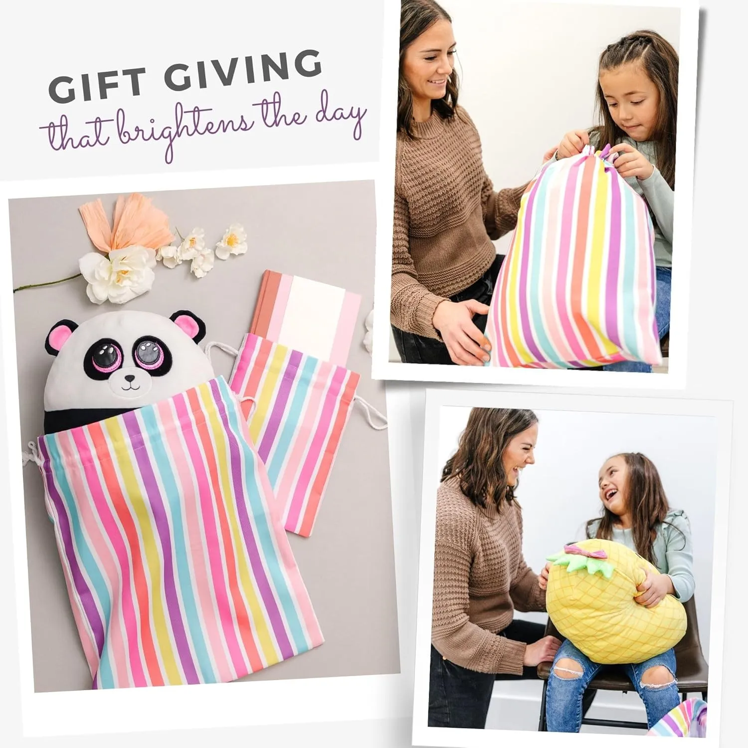 Gather & Knot Drawstring Gift Bags | 20" Large 12" Small | Premium Canvas | Reusable Fabric Wrap for Girls Birthdays, Baby Shower | Rainbow Stripe