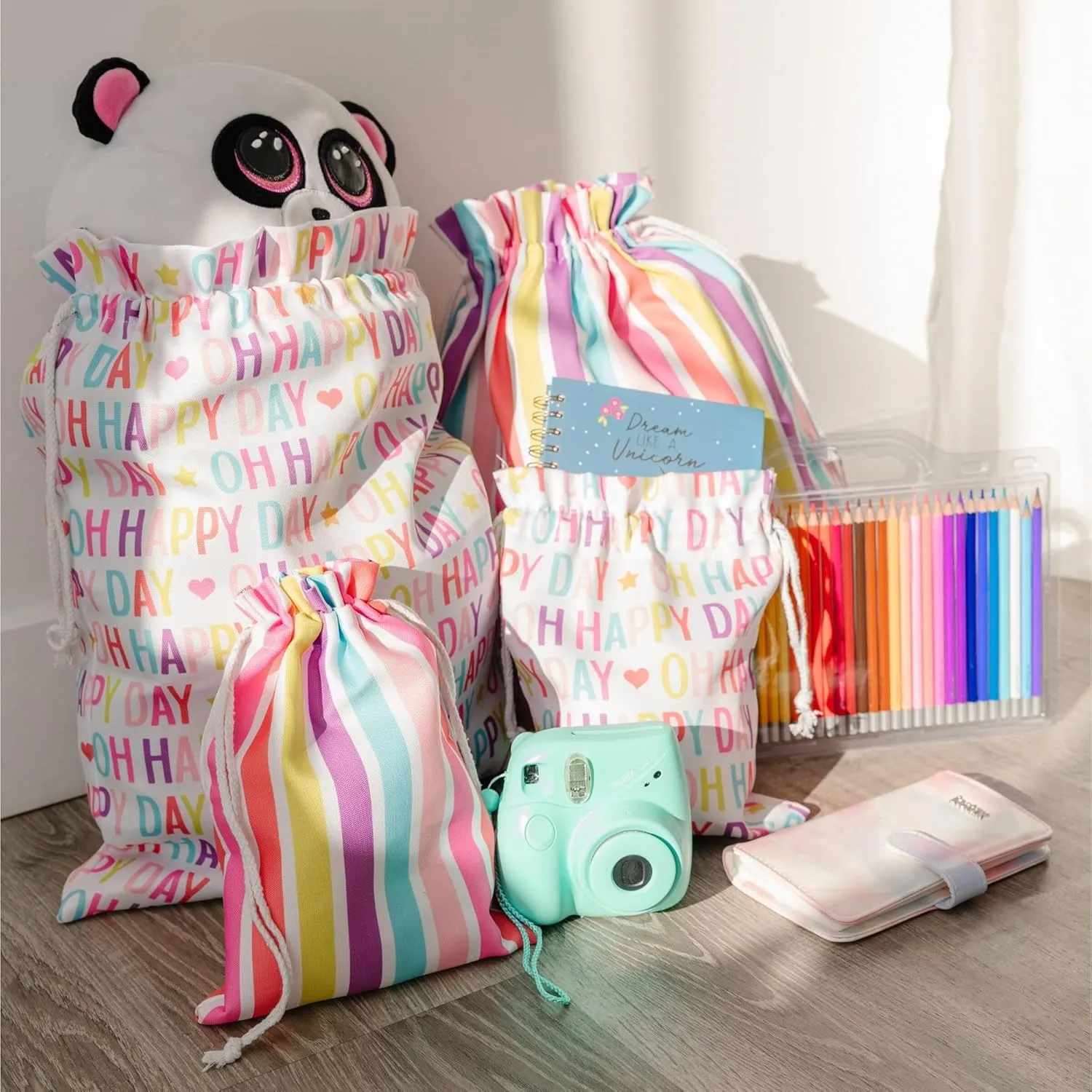 Gather & Knot Drawstring Gift Bags | 20" Large 12" Small | Premium Canvas | Reusable Fabric Wrap for Girls Birthdays, Baby Shower | Rainbow Stripe