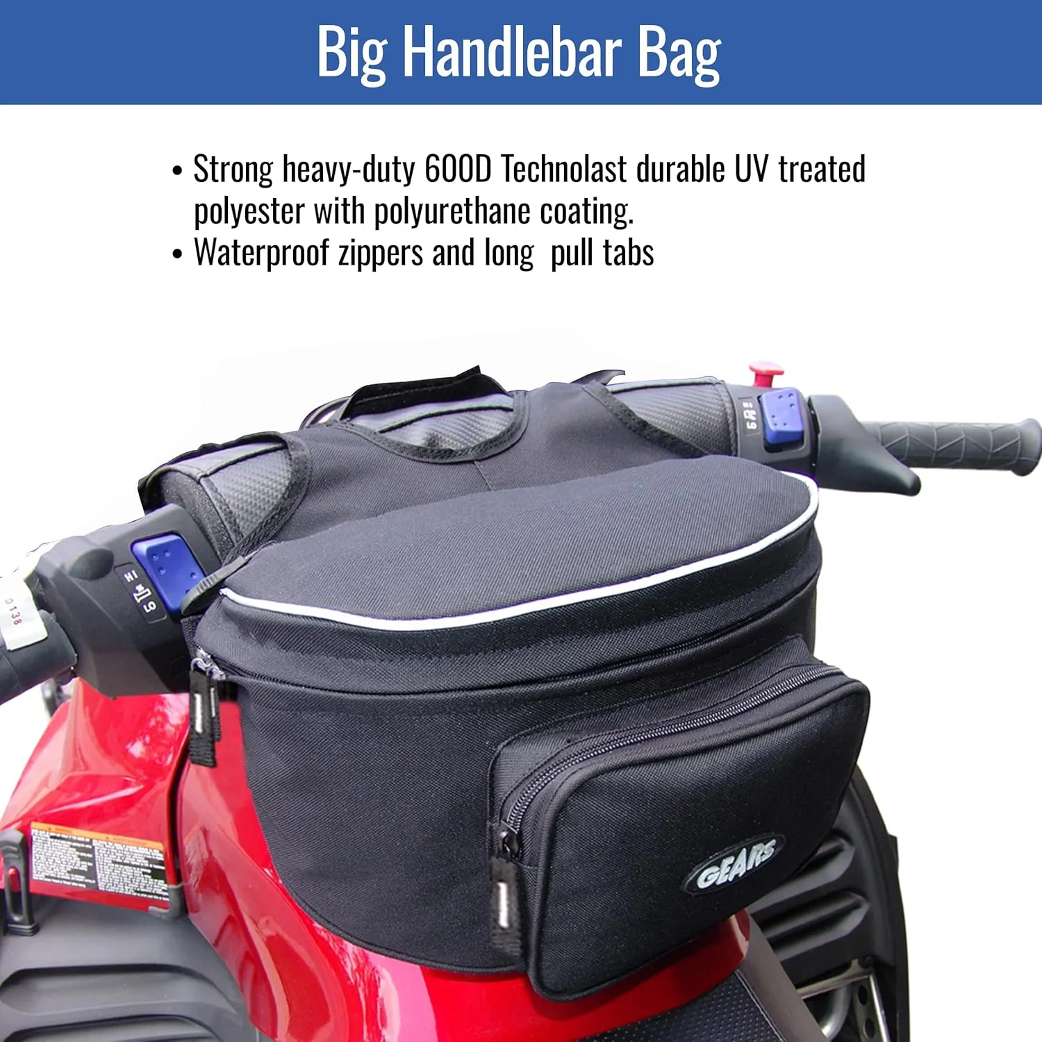GEARS Large Handlebar Bag for Snowmobile, Sled, ATV - Fanny Pack Storage Pouch for Everyday Carry - Water-resistant Holder for Cell Phone, Camera, Paperwork, Gloves, Maps, Snacks etc.