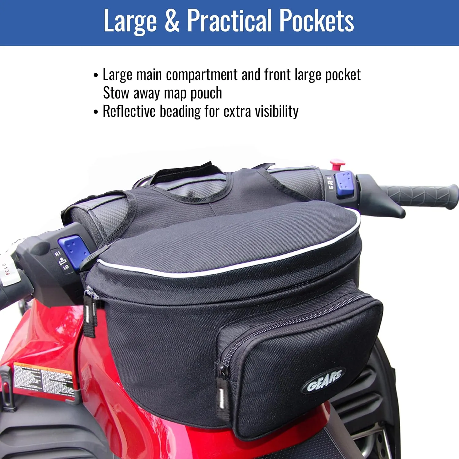 GEARS Large Handlebar Bag for Snowmobile, Sled, ATV - Fanny Pack Storage Pouch for Everyday Carry - Water-resistant Holder for Cell Phone, Camera, Paperwork, Gloves, Maps, Snacks etc.