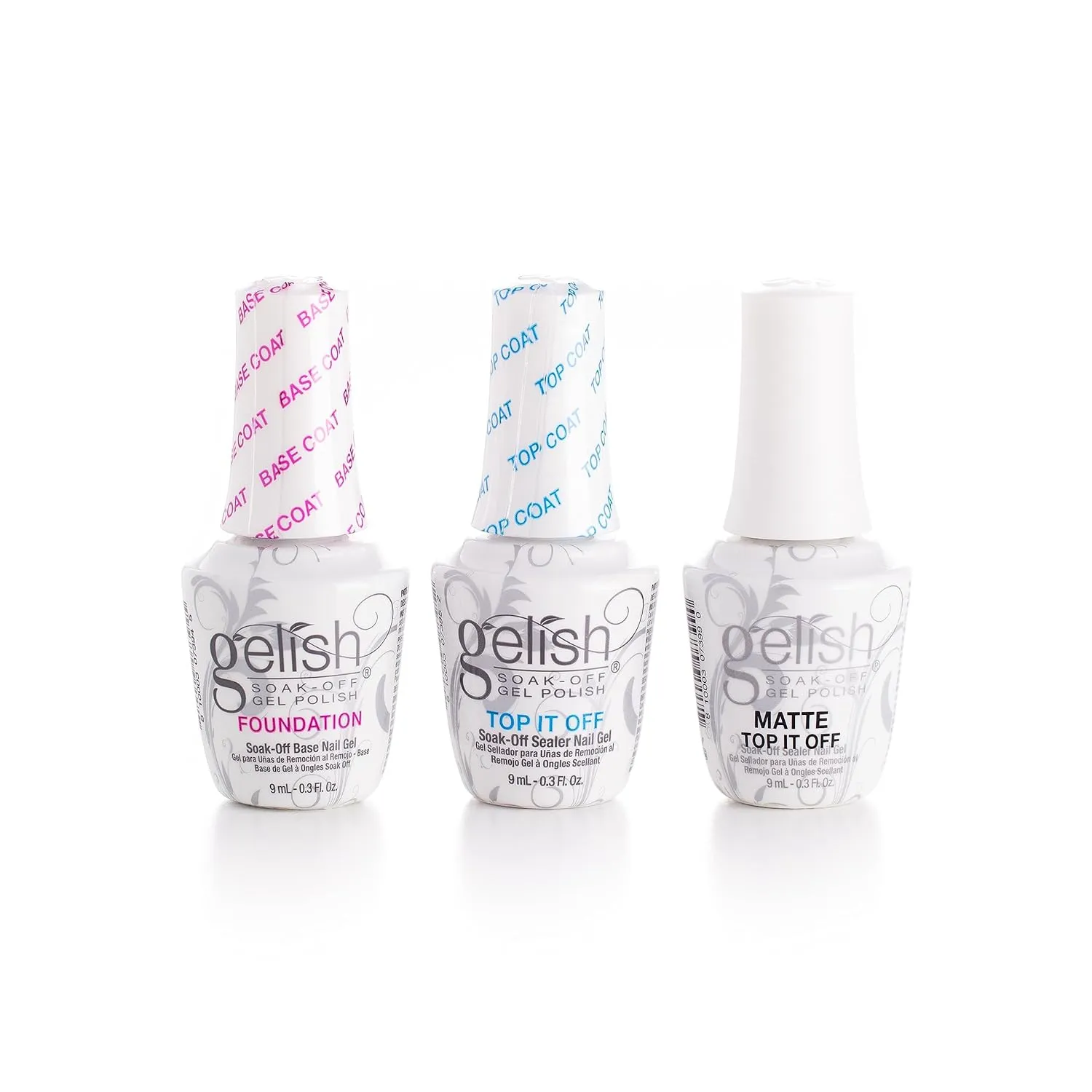 Gelish MINI 9mL Essentials Value Pack – LED/UV Cure, Long-Lasting, Chip-Resistant, Professional Gel Nail Kit for Manicures (Foundation Base Coat, Top It Off & Matte Top It Off)