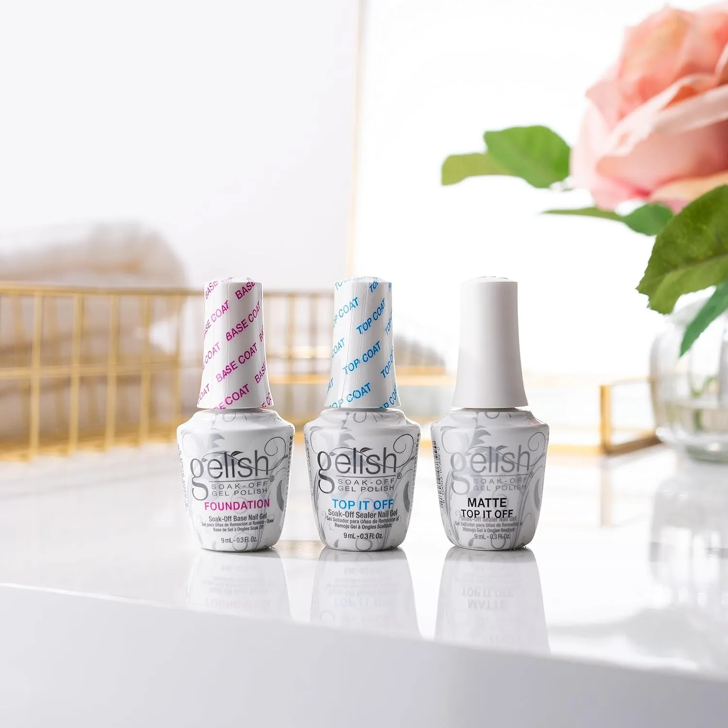 Gelish MINI 9mL Essentials Value Pack – LED/UV Cure, Long-Lasting, Chip-Resistant, Professional Gel Nail Kit for Manicures (Foundation Base Coat, Top It Off & Matte Top It Off)
