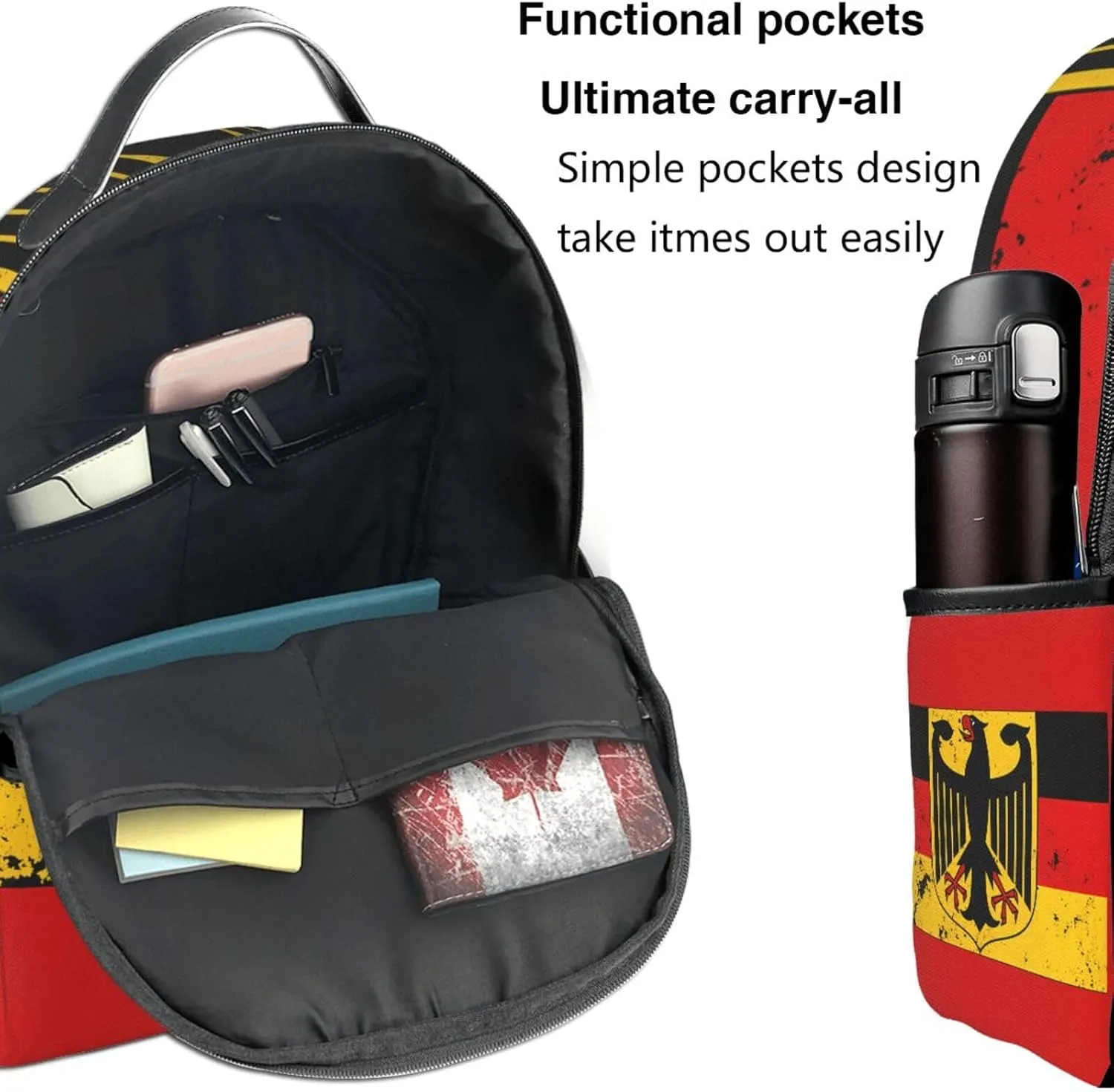Germany Coat of Arms German Flag Casual Backpacks Laptop Backpack Carry-on Daypack Sports Travel Rucksack Lightweight Working Bag for Outdoor Hiking Cycling Walking