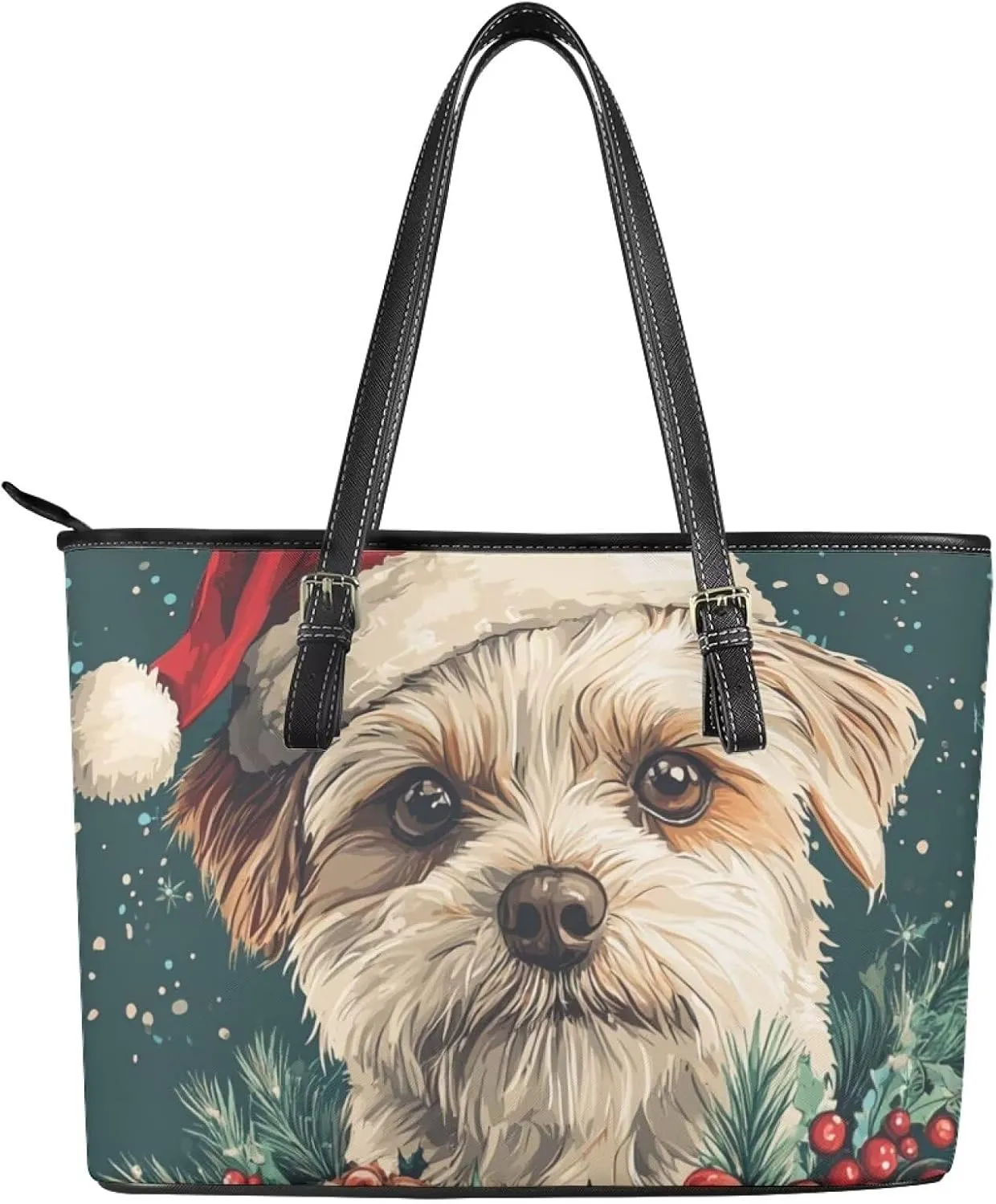 GIFTPUZZ Tote Bag for Women Christmas Tote Bag for Women Shoulder Tote Bag Leather Tote Handbag with Zipper Waterproof