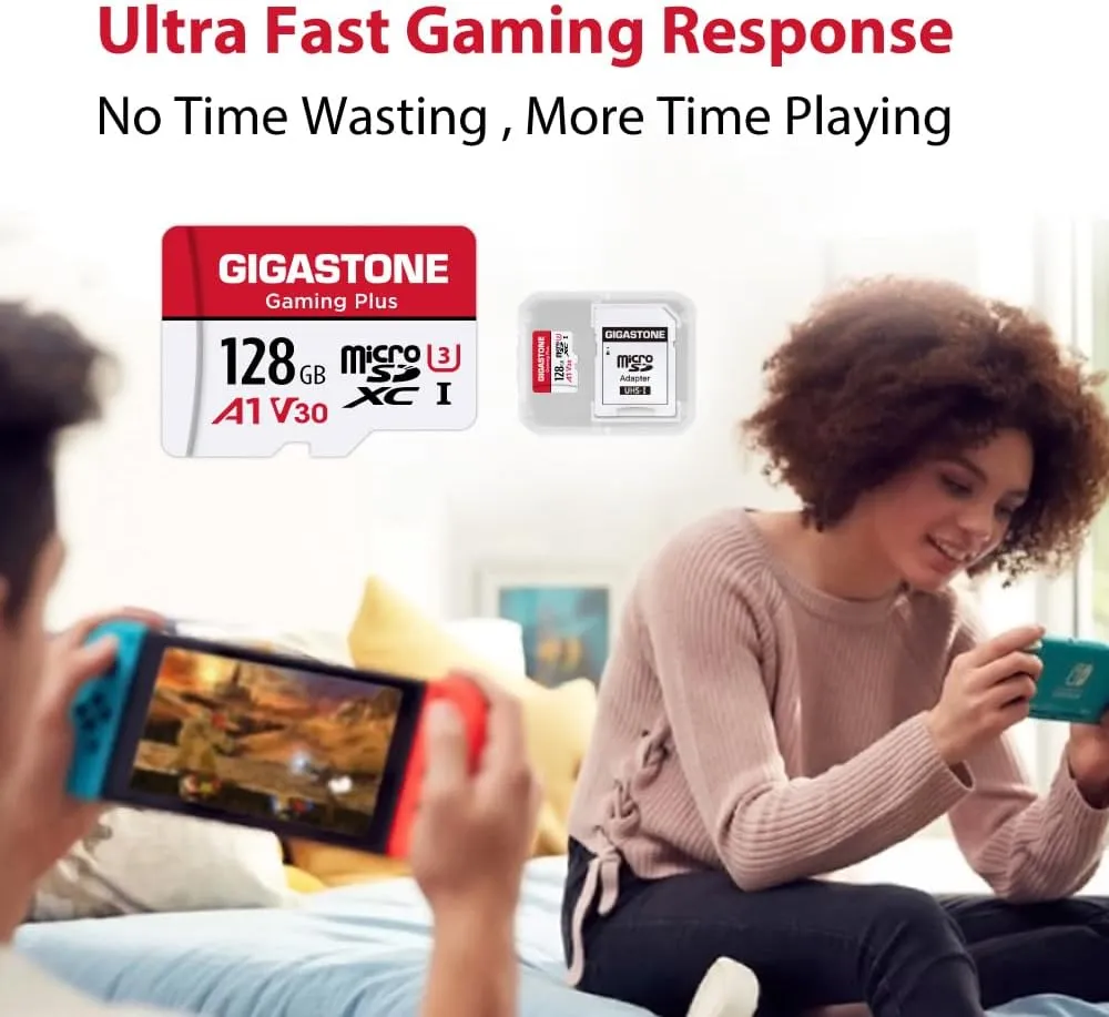 GIGASTONE Micro SD Card 128GB 5-Pack, Gaming Plus, MicroSDXC Memory Card for Nintendo-Switch, Security Camera, Dash Cam, UHS-I U3 A1 Class 10, up to 100MB/s, with MicroSD to SD Adapter