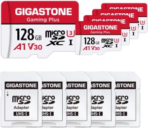 GIGASTONE Micro SD Card 128GB 5-Pack, Gaming Plus, MicroSDXC Memory Card for Nintendo-Switch, Security Camera, Dash Cam, UHS-I U3 A1 Class 10, up to 100MB/s, with MicroSD to SD Adapter