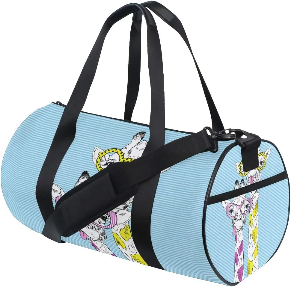 Giraffes In Funky Glasses Hand Drawn Graphic Duffel Bag,Canvas Travel Bag for Gym Sports and Overnight