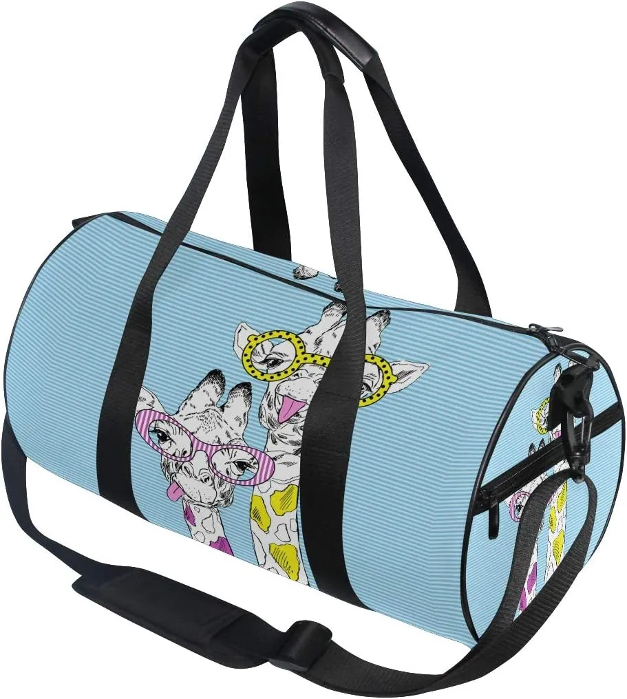 Giraffes In Funky Glasses Hand Drawn Graphic Duffel Bag,Canvas Travel Bag for Gym Sports and Overnight