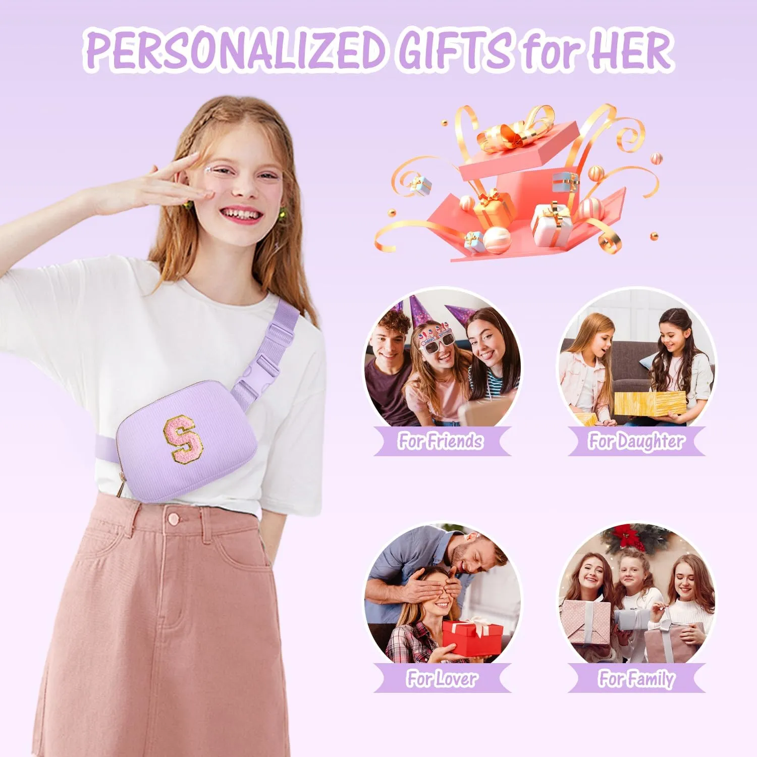 Gitus Girls Birthday Gifts - Initial Fanny Pack Belt Bag for Teen Girls - Trendy Personalized Preppy Stuff (Lavender-S)