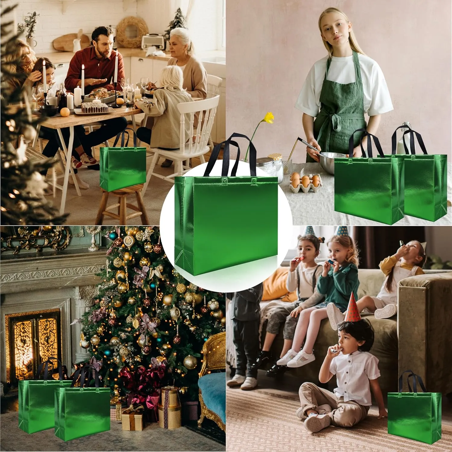 Glossy Green Reusable Gift Bags 15 pcs, 12.6 x 4.7 x 11 In Large Gift Bags with Sturdy Base, Non-woven Reusable Party Bags Bulk for Birthday, Wedding, Easter, Holiday