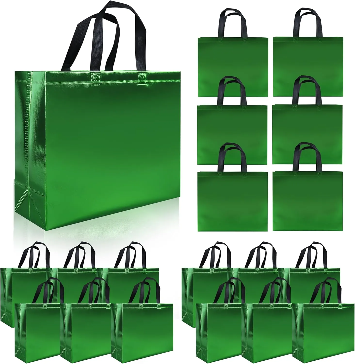 Glossy Green Reusable Gift Bags 15 pcs, 12.6 x 4.7 x 11 In Large Gift Bags with Sturdy Base, Non-woven Reusable Party Bags Bulk for Birthday, Wedding, Easter, Holiday
