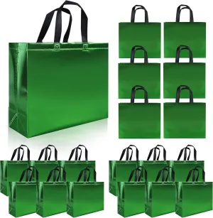 Glossy Green Reusable Gift Bags 15 pcs, 12.6 x 4.7 x 11 In Large Gift Bags with Sturdy Base, Non-woven Reusable Party Bags Bulk for Birthday, Wedding, Easter, Holiday