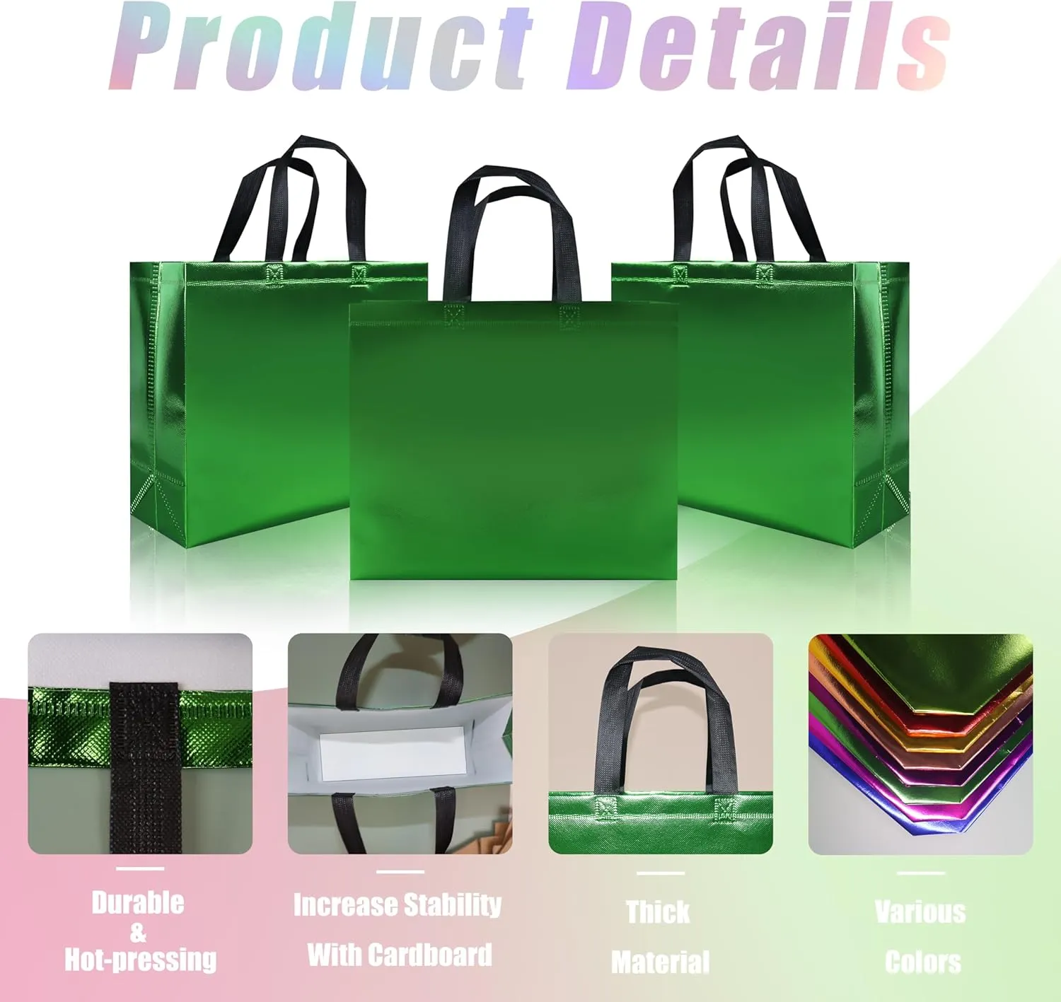 Glossy Green Reusable Gift Bags 15 pcs, 12.6 x 4.7 x 11 In Large Gift Bags with Sturdy Base, Non-woven Reusable Party Bags Bulk for Birthday, Wedding, Easter, Holiday