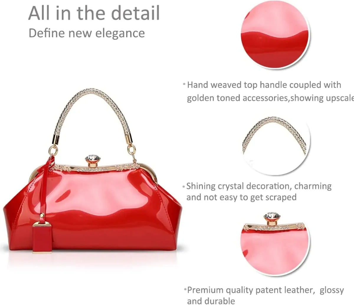 Glossy Patent Leather Handbag for Women Top Handle Tote Bag Evening Shoulder Bag Wedding Satchel Retro Purse