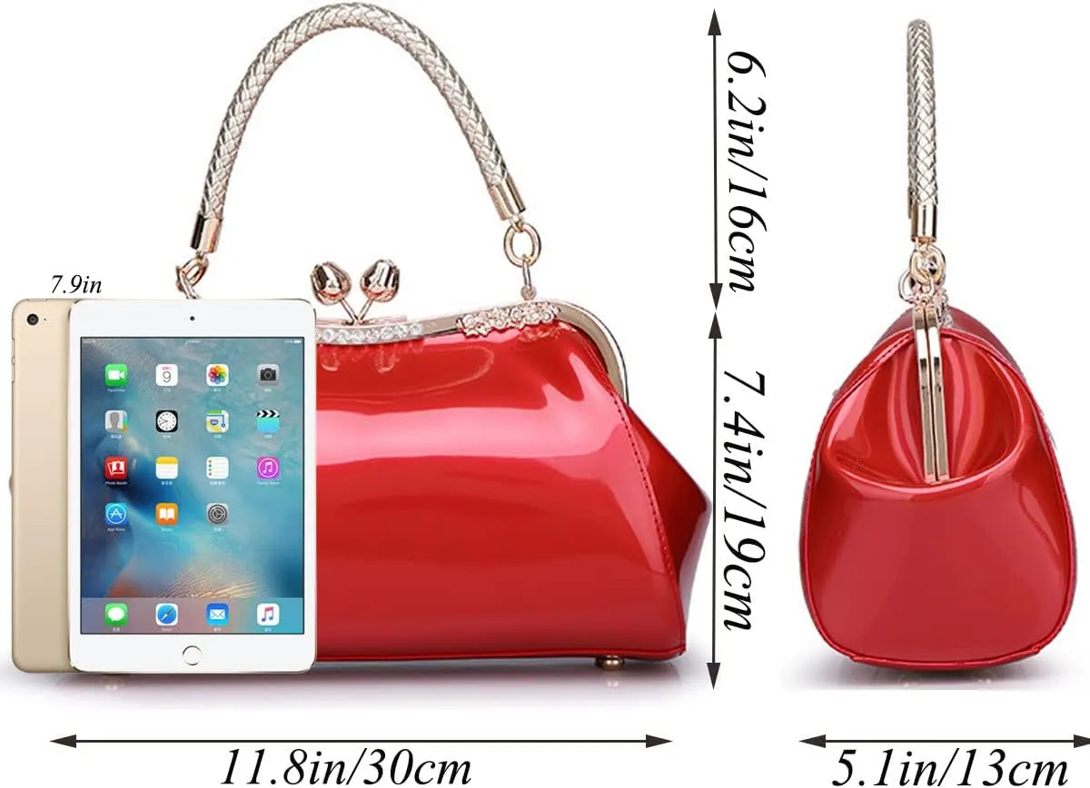 Glossy Patent Leather Handbag for Women Top Handle Tote Bag Evening Shoulder Bag Wedding Satchel Retro Purse