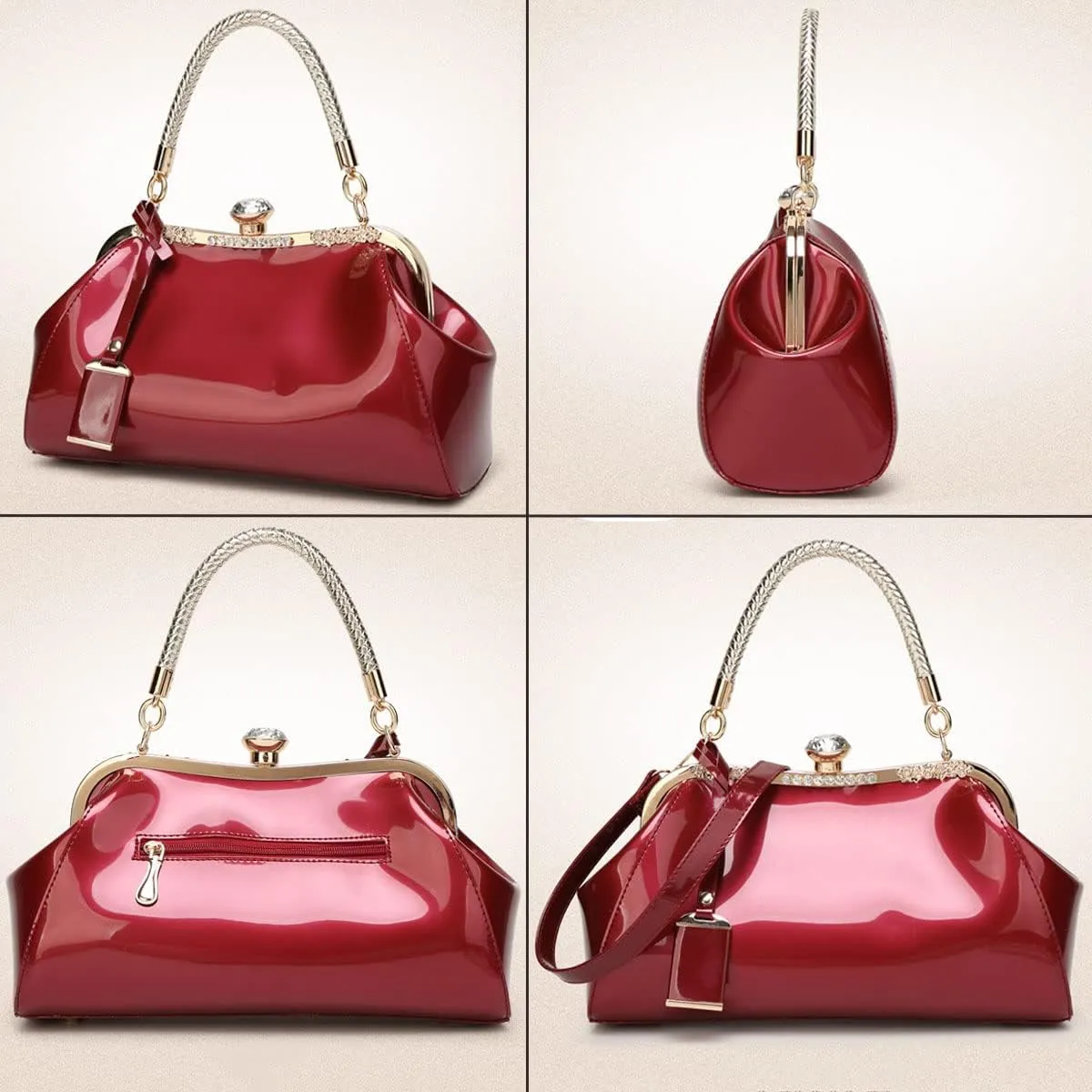 Glossy Patent Leather Handbag for Women Top Handle Tote Bag Evening Shoulder Bag Wedding Satchel Retro Purse