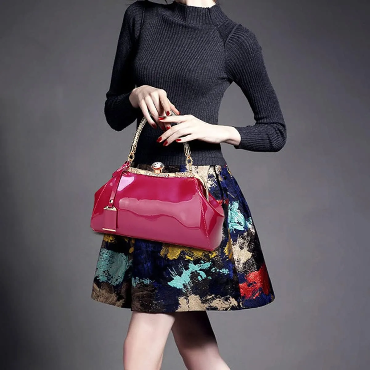 Glossy Patent Leather Handbag for Women Top Handle Tote Bag Evening Shoulder Bag Wedding Satchel Retro Purse