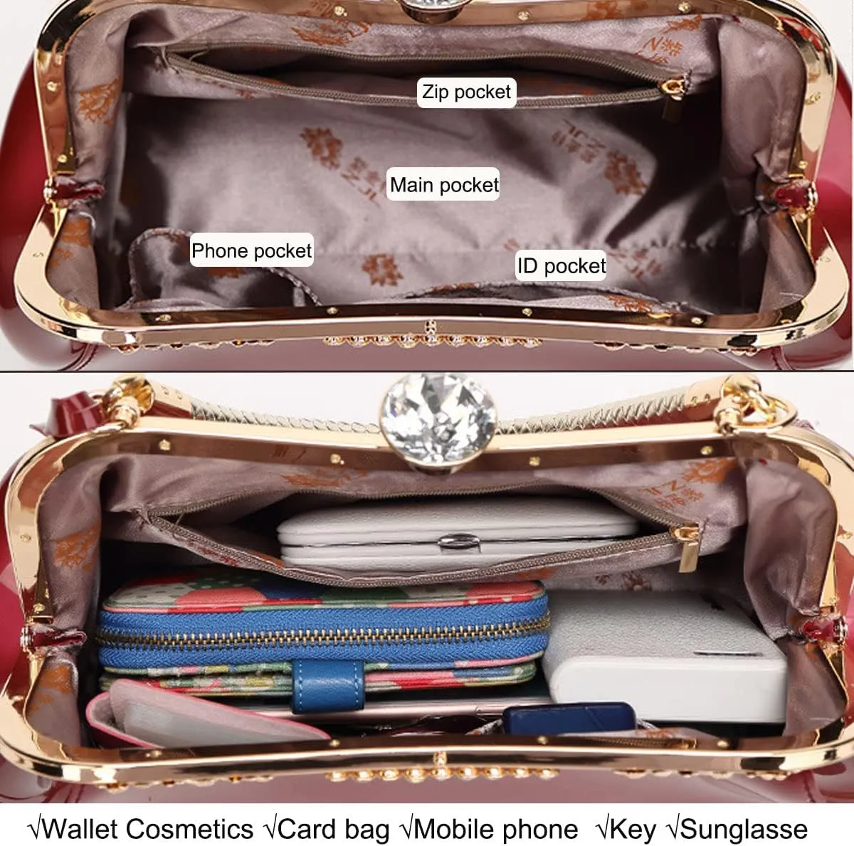 Glossy Patent Leather Handbag for Women Top Handle Tote Bag Evening Shoulder Bag Wedding Satchel Retro Purse