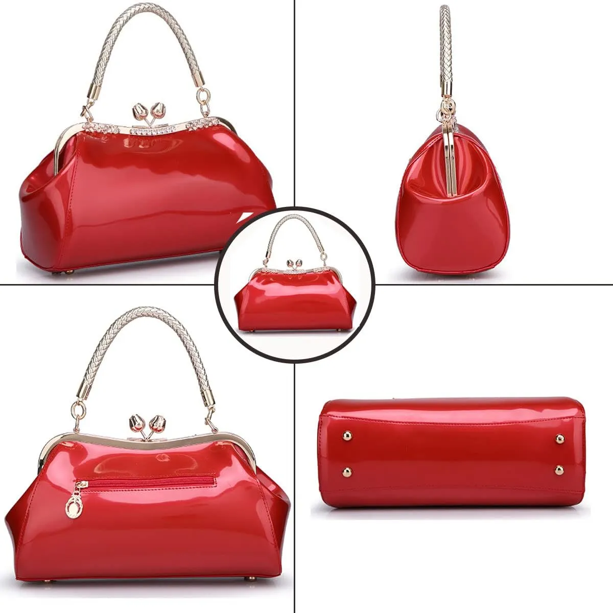 Glossy Patent Leather Handbag for Women Top Handle Tote Bag Evening Shoulder Bag Wedding Satchel Retro Purse