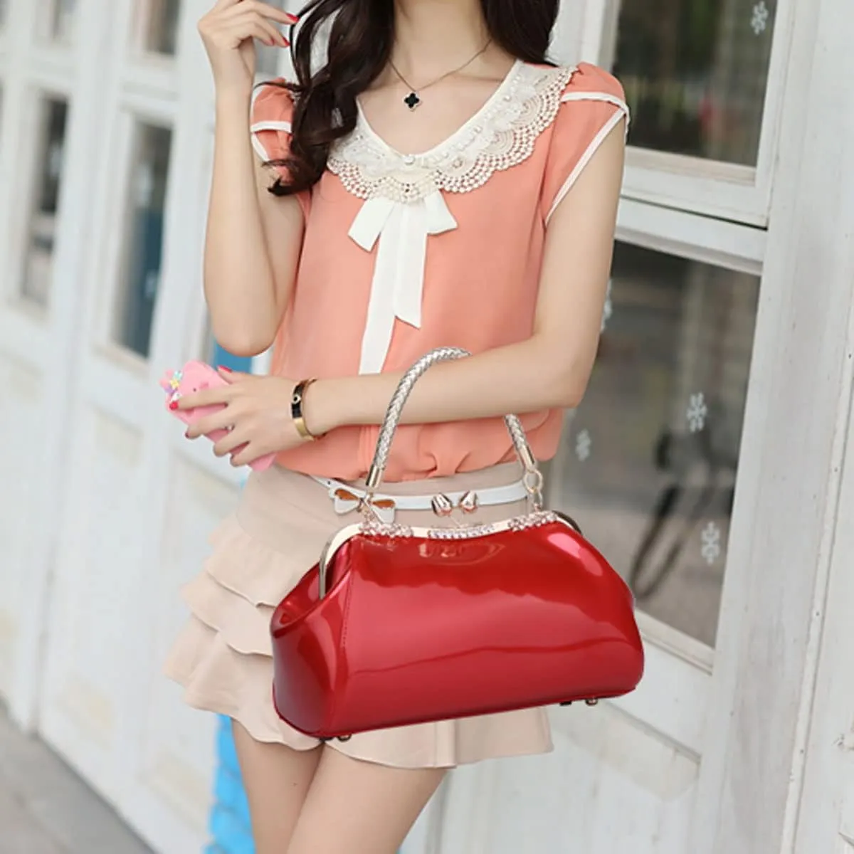 Glossy Patent Leather Handbag for Women Top Handle Tote Bag Evening Shoulder Bag Wedding Satchel Retro Purse