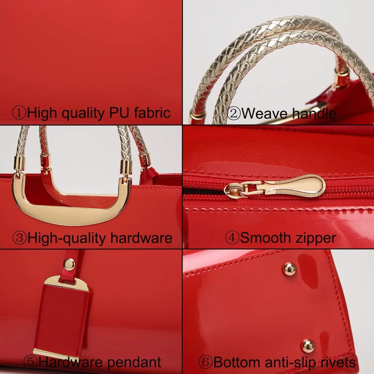 Glossy Women Handbag Faux Patent Leather Top-Handle Bag Structured Shoulder Bag Tote Evening Purse Party Satchel