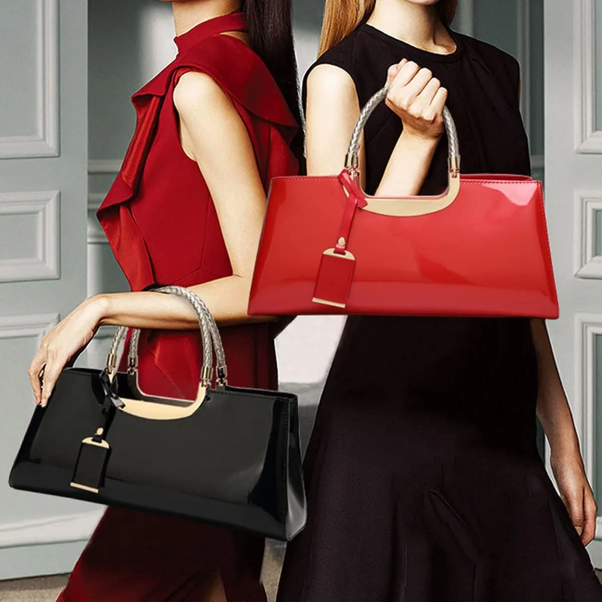 Glossy Women Handbag Faux Patent Leather Top-Handle Bag Structured Shoulder Bag Tote Evening Purse Party Satchel