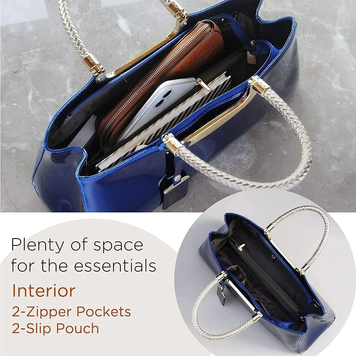 Glossy Women Handbag Faux Patent Leather Top-Handle Bag Structured Shoulder Bag Tote Evening Purse Party Satchel