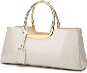 Glossy Women Handbag Faux Patent Leather Top-Handle Bag Structured Shoulder Bag Tote Evening Purse Party Satchel