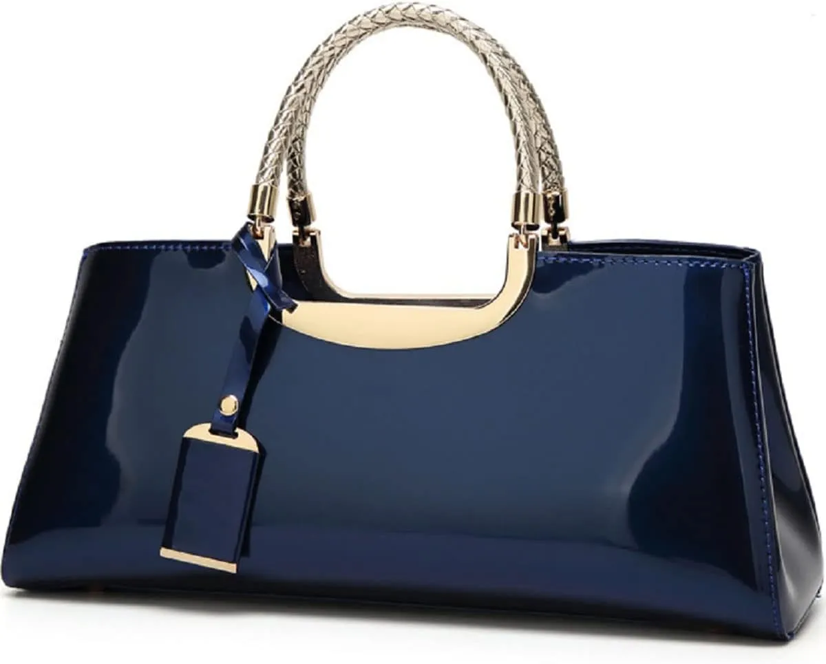 Glossy Women Handbag Faux Patent Leather Top-Handle Bag Structured Shoulder Bag Tote Evening Purse Party Satchel