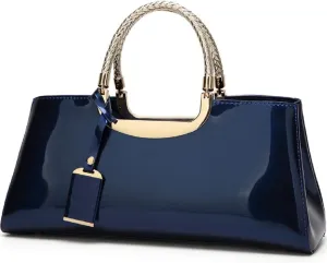 Glossy Women Handbag Faux Patent Leather Top-Handle Bag Structured Shoulder Bag Tote Evening Purse Party Satchel
