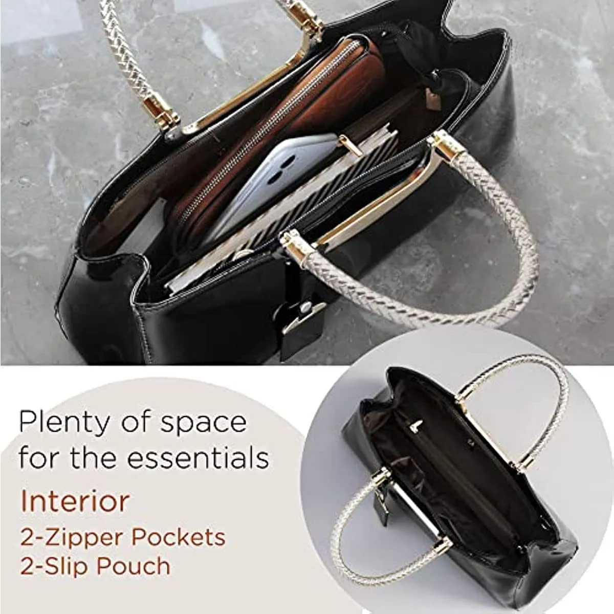 Glossy Women Handbag Faux Patent Leather Top-Handle Bag Structured Shoulder Bag Tote Evening Purse Party Satchel