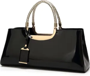 Glossy Women Handbag Faux Patent Leather Top-Handle Bag Structured Shoulder Bag Tote Evening Purse Party Satchel