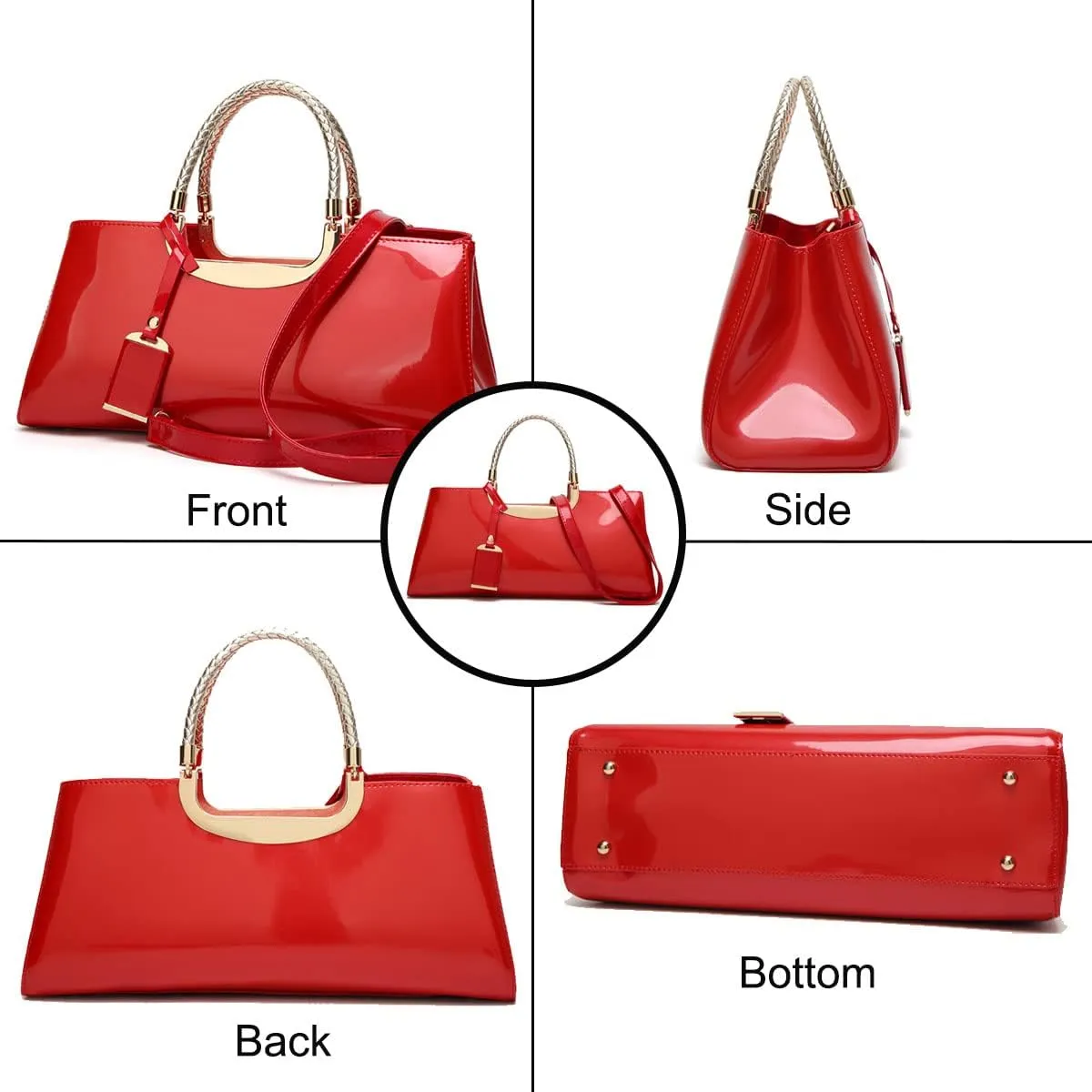Glossy Women Handbag Faux Patent Leather Top-Handle Bag Structured Shoulder Bag Tote Evening Purse Party Satchel