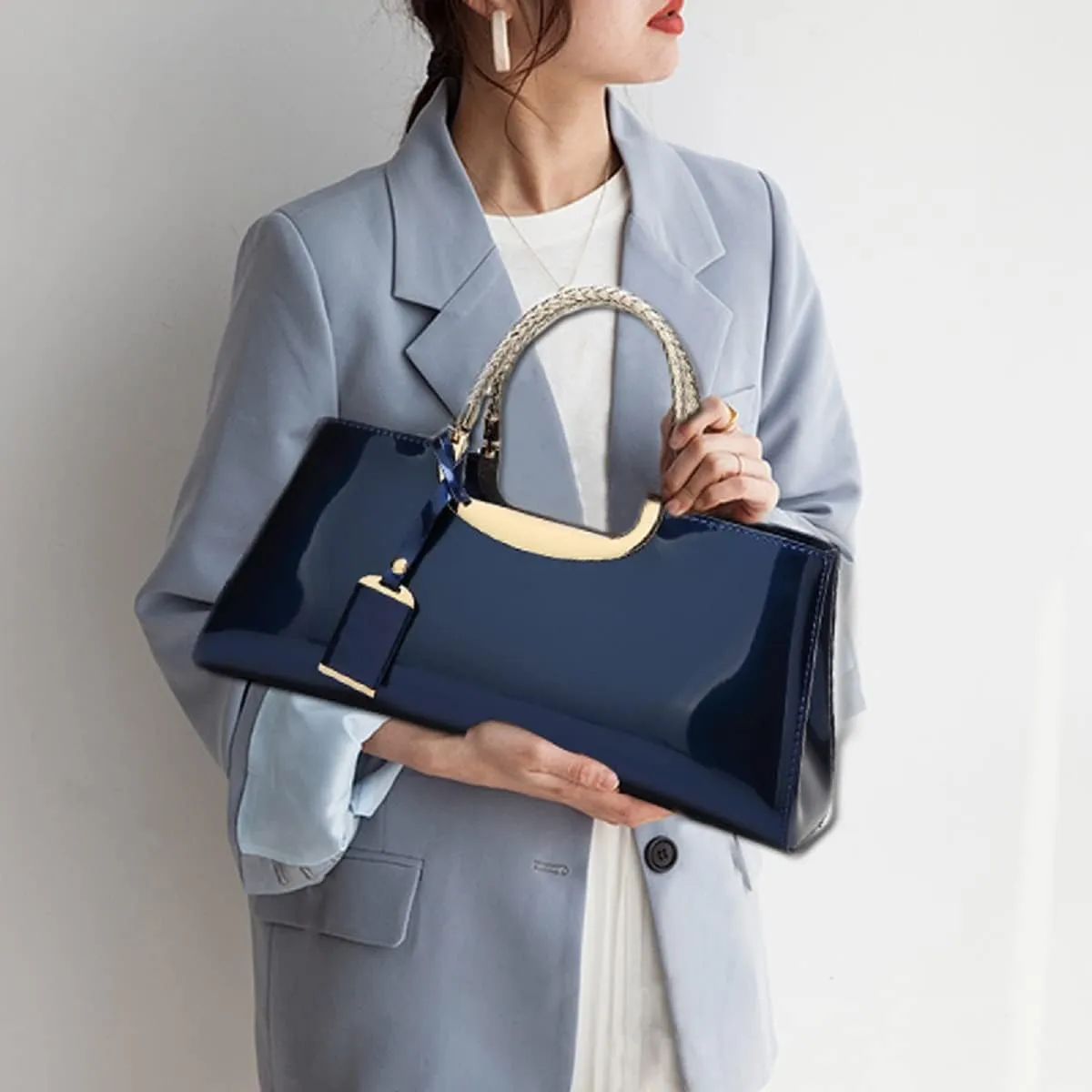 Glossy Women Handbag Faux Patent Leather Top-Handle Bag Structured Shoulder Bag Tote Evening Purse Party Satchel