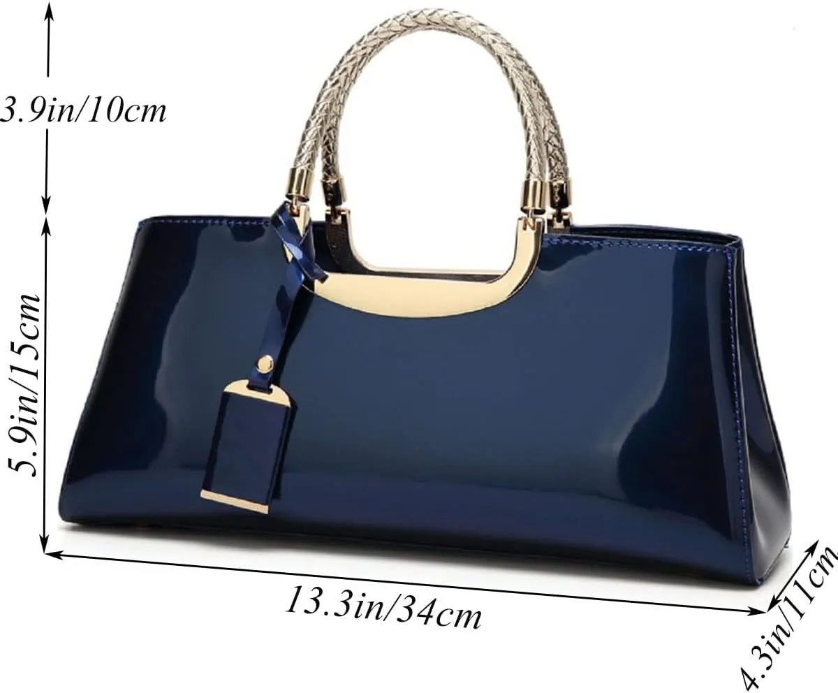 Glossy Women Handbag Faux Patent Leather Top-Handle Bag Structured Shoulder Bag Tote Evening Purse Party Satchel