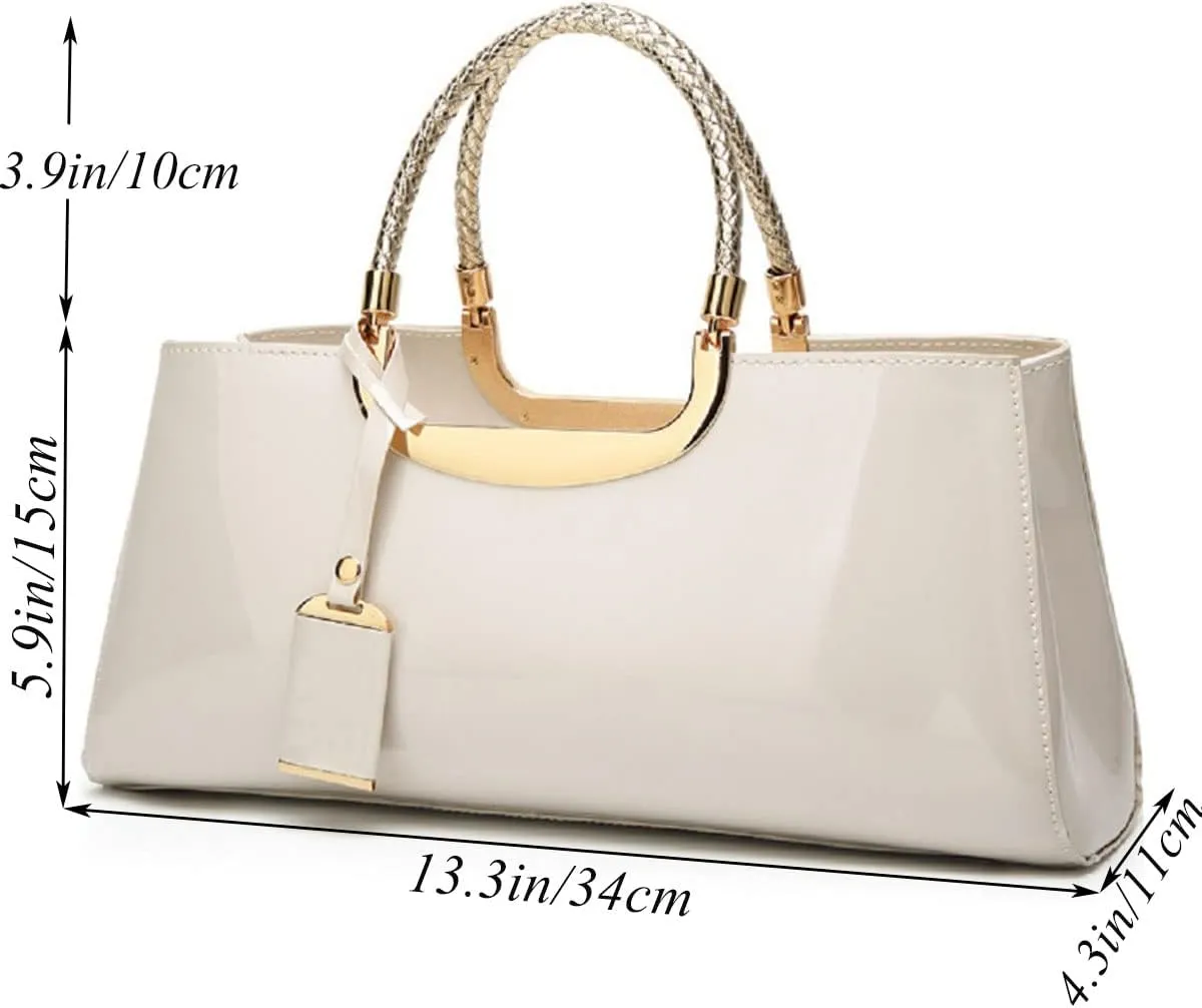 Glossy Women Handbag Faux Patent Leather Top-Handle Bag Structured Shoulder Bag Tote Evening Purse Party Satchel