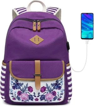 Goldwheat Girls Backpack Canvas Schoolbag Bookbag Laptop Bag Rucksack with USB Charging Port