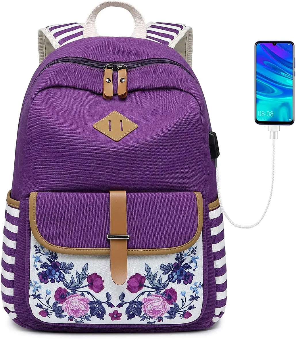 Goldwheat Girls Backpack Canvas Schoolbag Bookbag Laptop Bag Rucksack with USB Charging Port